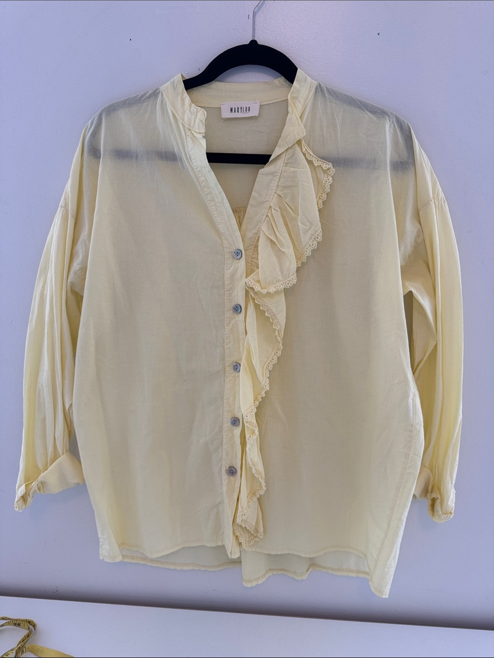 Marylou Paris Pale Yellow Ruffle Button-Down Blouse - Women's Top
